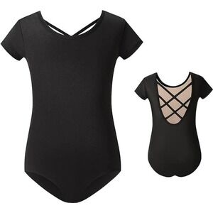MdnMd Girls Leotard with Cross Back Detail in Black, Size 6-7​​​​​​